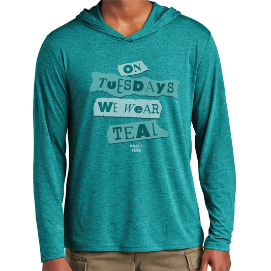 On Tuesdays We Wear Teal Adult Hooded Tri-Blend Long Sleeve Tee
