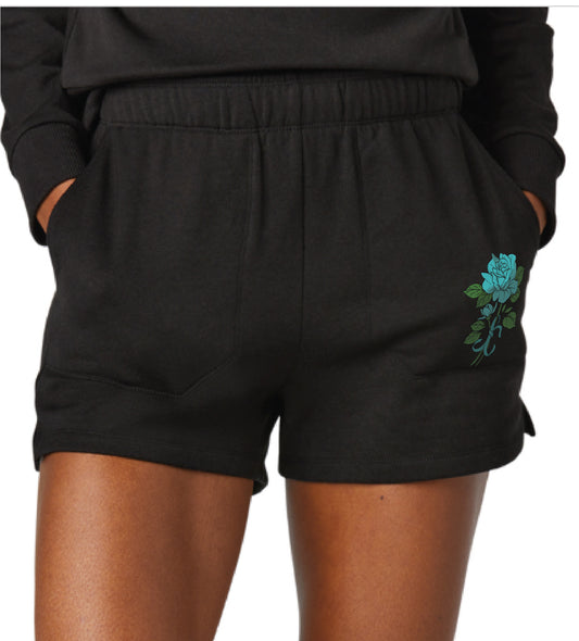 Ladies Teal Rose Fleece Shorts